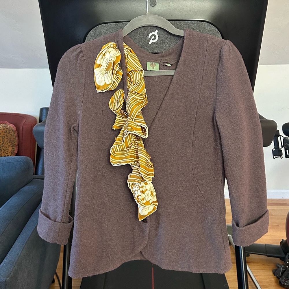 HWR for Anthropologie Boiled Wool Trick Cardigan Silk Scarf Blazer, Taupe, Small